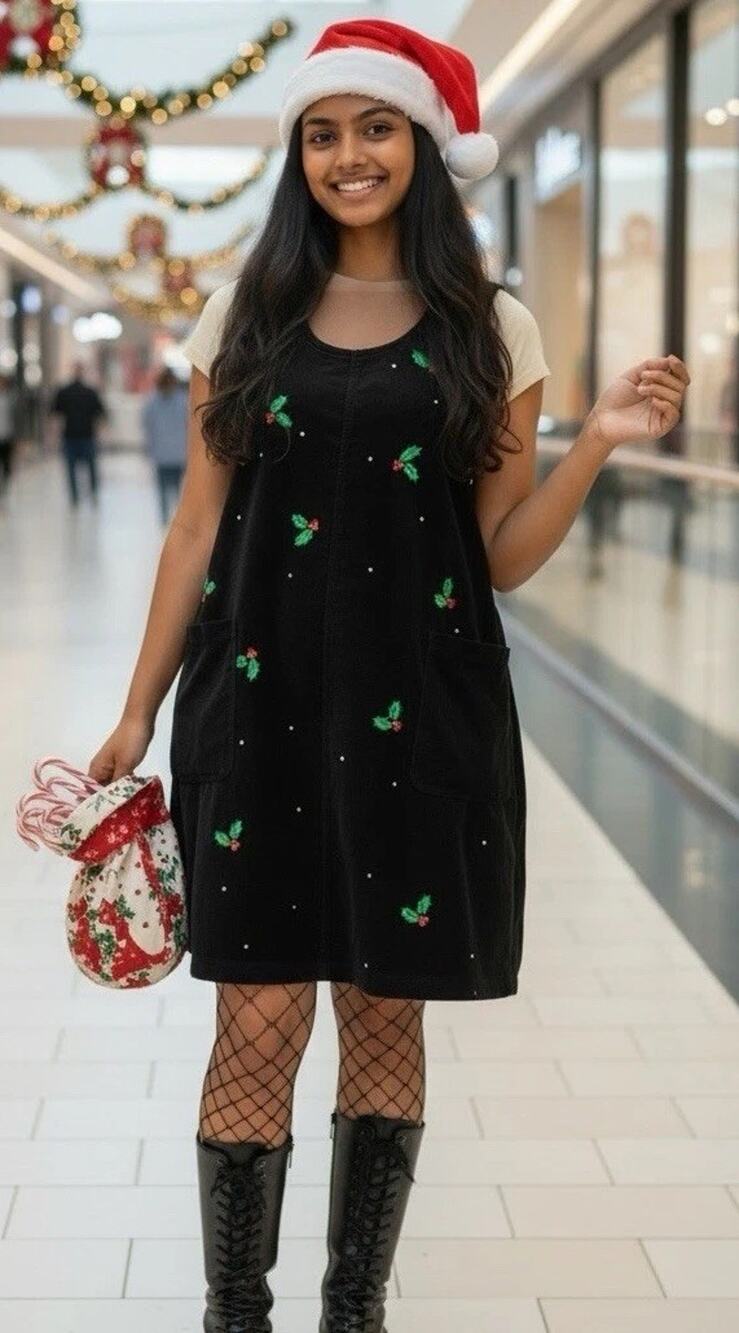 Quacker Factory Dress 1X Black VELVET Embroidered Holly Berry Christmas Y2k 90s